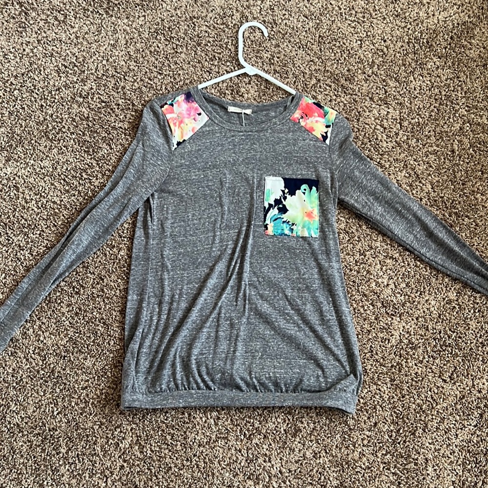 12 pm by Mon Ami, small, gray long sleeve shirt with floral accents